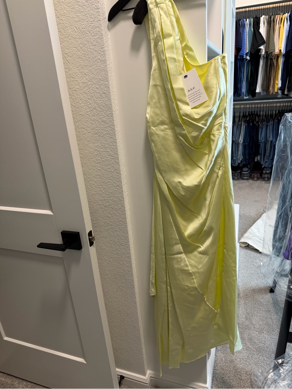 A.L.C. One-Shoulder Draped Satin Maxi Dress in Light Lime